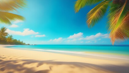 Obraz premium summers paradise a blurred background of a beautiful sandy beach with palm trees and a blue sky a perfect summer vacation concept banner