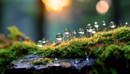 dewdrops cling to moss on a rock creating an ethereal calming scene good for nature related marketing web design or editorial use