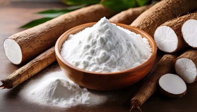 tapioca starch also known as tapioca flour is displayed in a wooden bowl along with dry cassava root this versatile tapioca starch can be used in various culinary applications