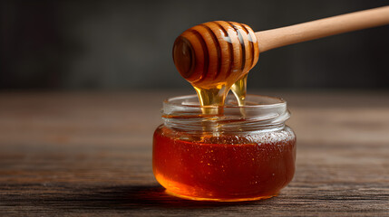 Golden honey dripping from a wooden dipper into a glass jar on a rustic wooden table