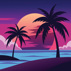 Stylized Minimalist Tropical Illustration with Palm Trees and Sunset in Simple Shapes