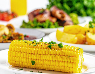 Yellow corn on the cob served as a healthy side dish. AI