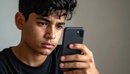 Teenage boy holding a mobile phone, looking at the screen with a sad facial expression