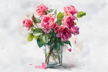 Watercolor painting of a lush bouquet of pink roses in a glass vase on a white background