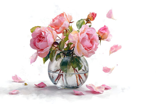 Delicate Pink Roses in a Glass Vase with Falling Petals, Watercolor Art Style