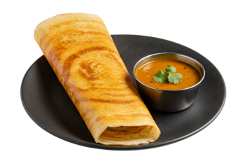 Crispy dosa served with sambar on a black plate isolated on transparent background