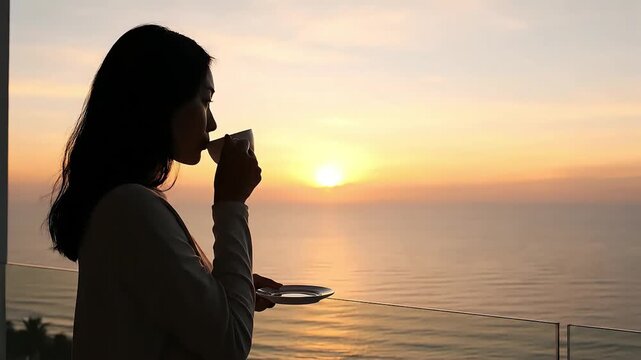 Serene woman sips coffee on a luxurious balcony with a stunning golden hour ocean view experiencing a peaceful sunrise moment