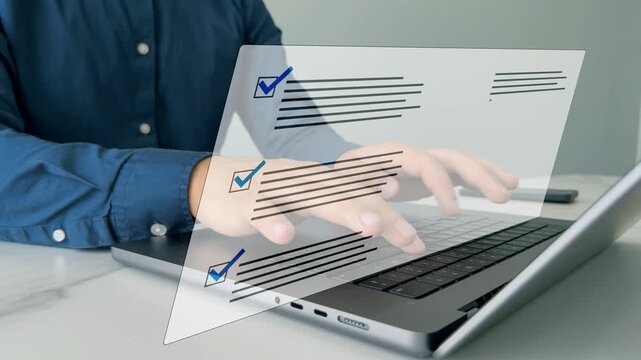 Businessman check virtual electronic documents and checklist approve. Business productivity checklist and filling survey form.Fast checklist and clipboard task Business performance checklist document.