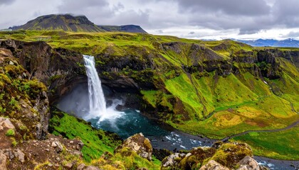 Waterfall plunges into cavernous pool, surrounded by green hills, on cloudy day