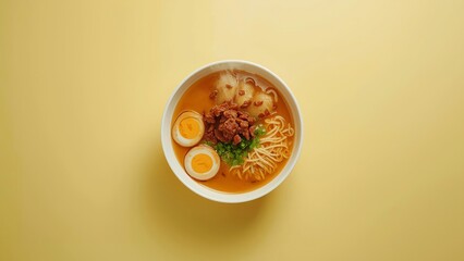 Top view ramen bowl on yellow background with chashu pork, soft boiled eggs, scallions, and noodles in rich broth, clean minimal.