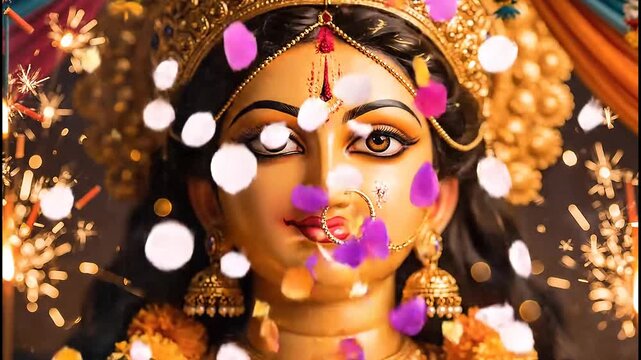 Vibrant Hindu Goddess Idol with Sacred Petals and Festive Golden Sparkles