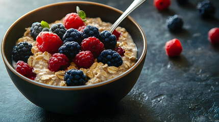Healthy Oatmeal with Fresh Berries and Mint, Close-up Shot on a Dark Textured Background