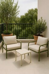 Fototapeta premium A serene balcony setting with chairs and plants, captured from a frontal viewpoint, showcasing a tranquil outdoor space with lush greenery.