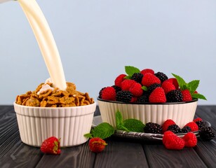 Cereal and berries breakfast scene