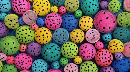 Vibrant colorful pickleballs in yellow, pink, blue, and green arranged dynamically for sports action, fitness, and recreational outdoor activities