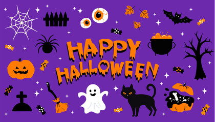 Trendy Halloween elements collection in flat design cute  ORANGE AND BLACK
