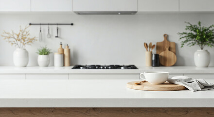 Obraz premium Modern wooden table surface with blurred minimal white kitchen background