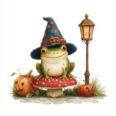 Frog Wearing a Wizard Hat Sitting on a Toadstool Surrounded by Pumpkins and a Lantern, Halloween theme