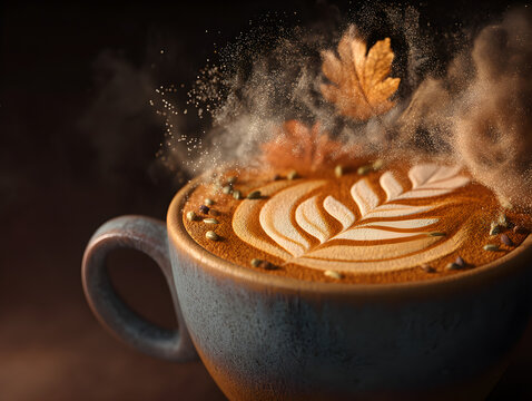 Autumn latte art with falling leaves and cinnamon dust, close-up macro shot, cozy seasonal beverage - Powered by Adobe