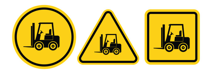 Three distinct yellow warning signs featuring a black silhouette of a forklift in different shapes for industrial safety awareness © Icon Legend 