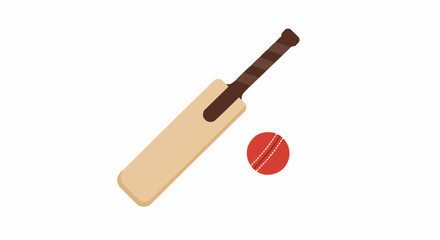 Illustration of a cricket bat with brown handle and a red cricket ball with white stitching detail