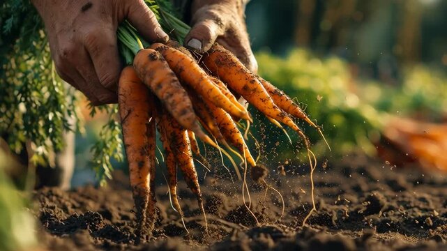 Farmer&rsquo;s hands pull fresh carrots from the soil during harvest, with dirt and roots showing the natural process of farming
