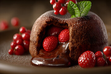 Delicious chocolate lava cake with fresh raspberries and red currants, dusted with powdered sugar