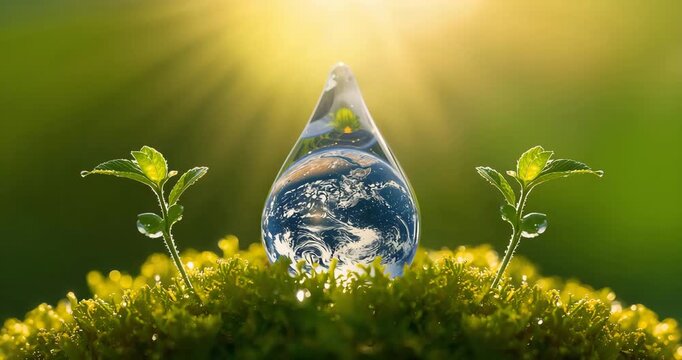 Water drop with earth reflection symbolizing environmental awareness and sustainability message