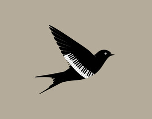 Obraz premium Bird in flight. Black bird with keyboard design in place of its body, on beige background