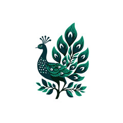 Stylized Peacock  Intricate design featuring bird with vibrant teal, green tail plumage