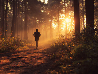 Morning Run Through Forest Trail – Young Man Exercising in Sunrise Glow (AI-Generated)