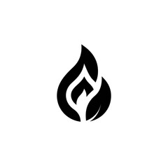 A minimalist, graphic design of a black flame/leaf on a white background, clean lines, positive/negative space
