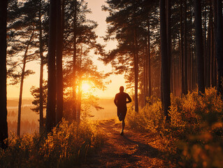 Young Man Jogging on Forest Trail at Sunrise – Active Outdoor Fitness in Golden Morning Light (AI-Generated)