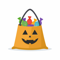 Festive Halloween Treat Bag with Colorful Candies and Smiling Pumpkin Face