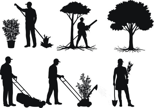 Gardening silhouettes, landscaping tools, lawn mowing, leaf blowing, tree trimming, bouquet holding, outdoor maintenance, black vector icons, shovel, potted plant, hedge cutting