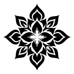Fototapeta premium Symmetrical black floral pattern with eight petals and ornate details against a white background