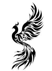 Silhouette of a bird with stylized wings and tail in black against a white background