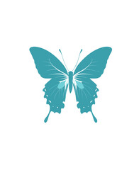 Teal butterfly silhouette with intricate wing details on a clean white backdrop, symmetrical composition
