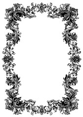 A black floral frame encloses white. It features detailed plant designs on its edges