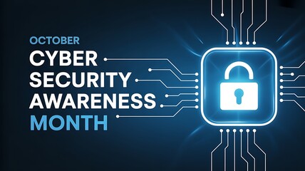 October cyber security awareness month digital illustration with glowing padlock symbol and circuit board lines on dark blue background