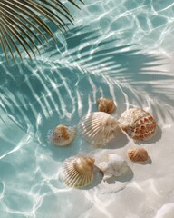 Luxury coastal resort marketing backdrop seashells beach scene, serene vacation escape concept, premium commercial design backdrop

