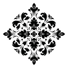 Symmetrical black and white floral design with leaf and petal elements, isolated on a white background