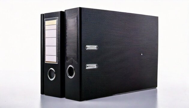 Concept of office organization and efficient data management represented by two black ring binders for filing important documents on a white background