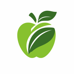 A stylized green apple illustration features two dark green leaves overlapping its surface on a white background