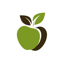An abstract illustration of a green apple with brown accent and leaves against a white backdrop