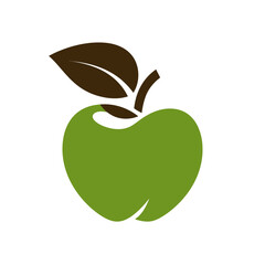 A simplified illustration featuring a green apple with a brown stem and leaf against a white background