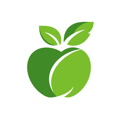 A stylized green fruit with three leaves on a white background. Uses light and dark gradients
