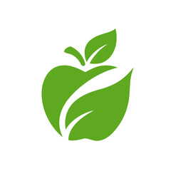 A green illustration of an apple with leaves, simple design on a white background