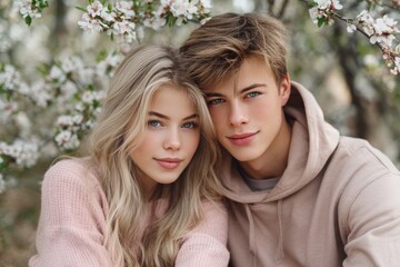 Naklejka na ściany i meble a young couple poses for the camera, surrounded by blooming flowers in the springtime. soft pastel colors and natural sunlight filter through the leaves Naklejka na ściany i meble a young couple poses for the camera, surrounded by blooming flowers in the springtime. soft pastel colors and natural sunlight filter through the leaves