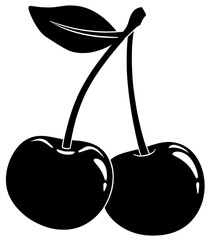 Black and white silhouette illustration of two connected cherries with a single leaf